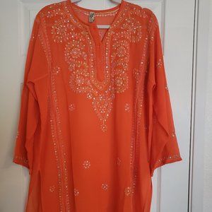 Baba Sheer Orange Embroidered Tunic / Shift with Sequins (L)